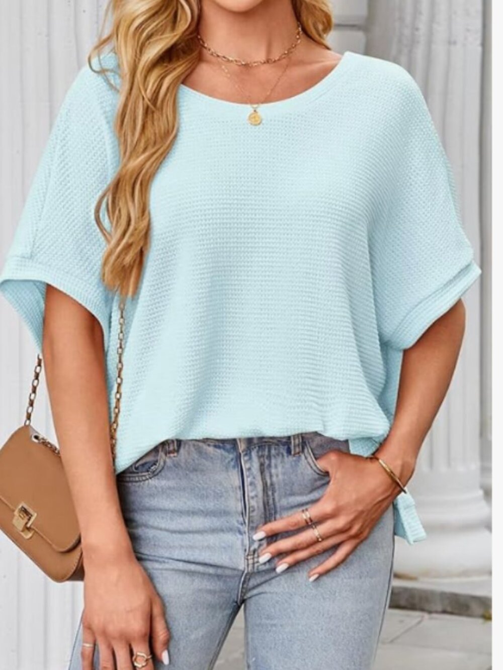 Falechay Casual Short Sleeve Waffle Knit Back-V Lace Oversized Loose Fit Tunic - Picture 3 of 7